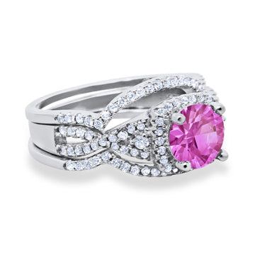 Halo Engagement Ring Three Piece Pink CZ 925 Sterling Silver Wholesale